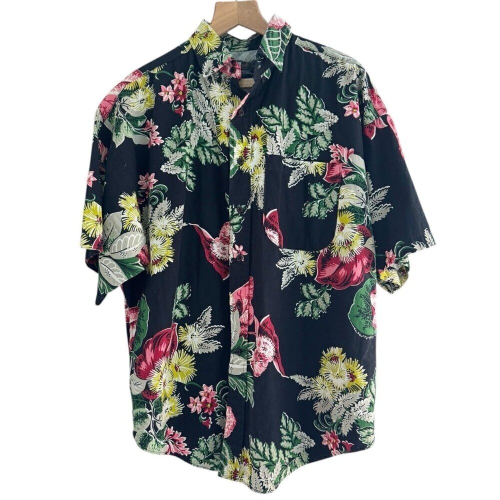 VTG Panhandle Slim Men's Sz XL 17.5 Black Vibrant Floral Tropical Hawaiian Shirt